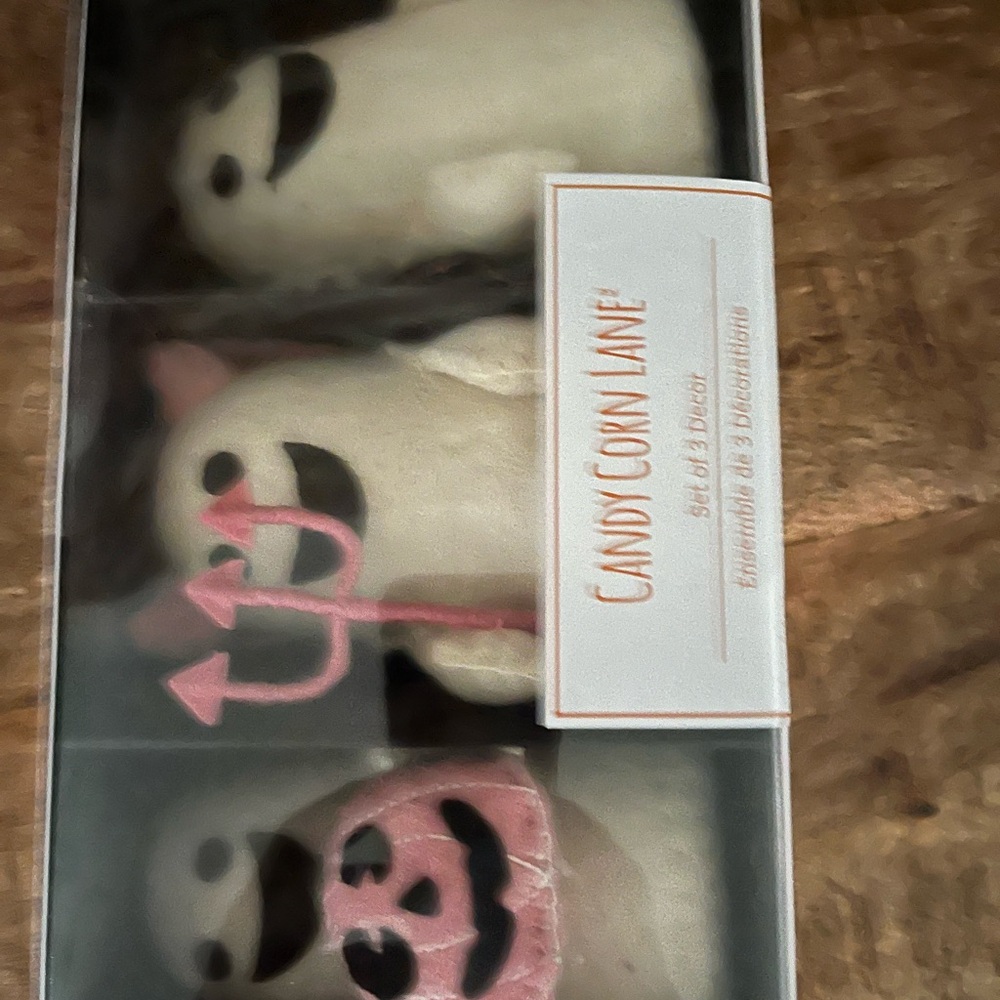 Candy corn Lane set of three ghosts the devil, a bat new with tags